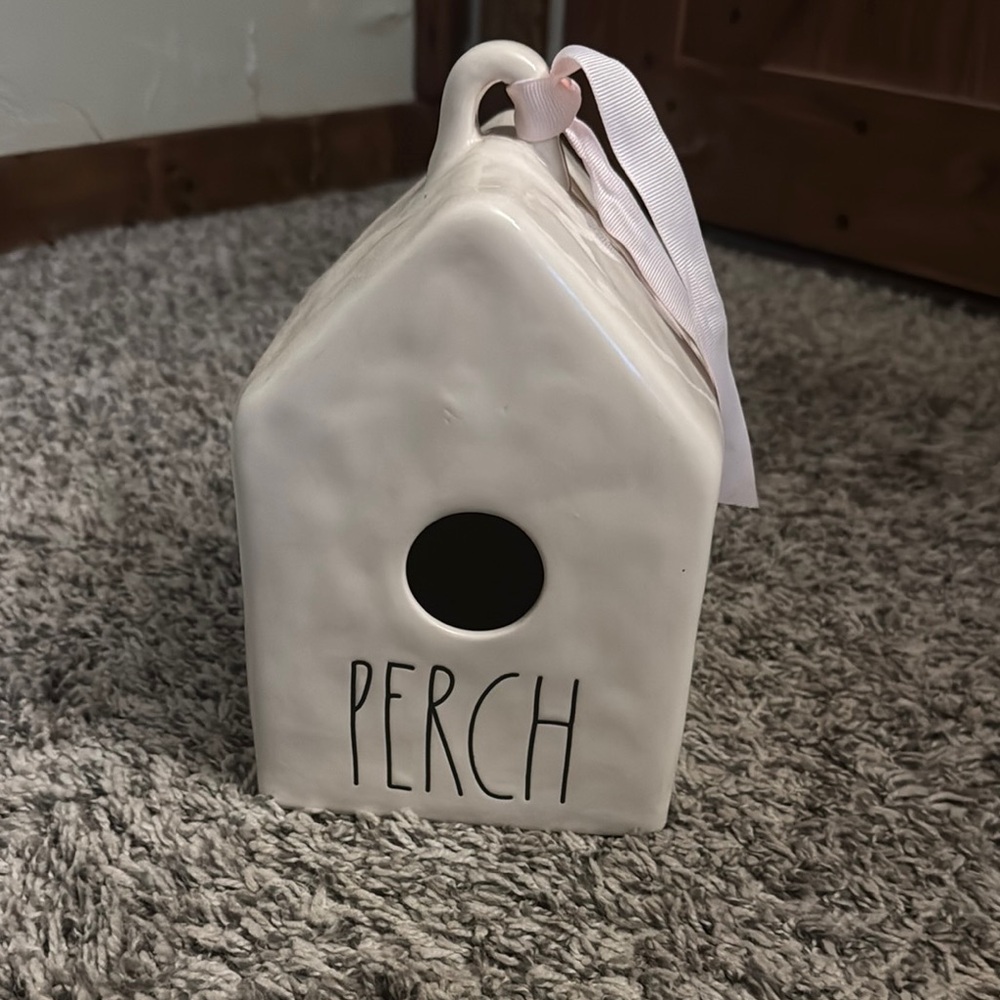 White Ceramic Birdhouse with Pink Ribbon